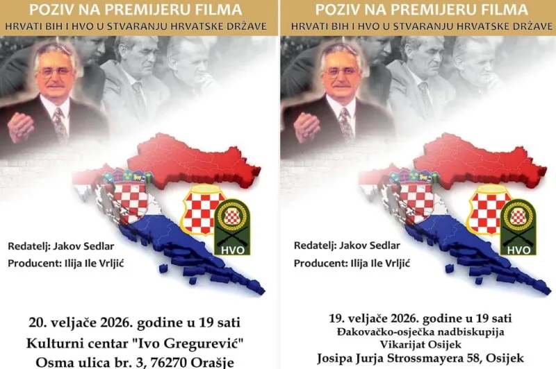 Premijera filma Hrvati BiH i HVO u stvaranju hrvatske države u Osijeku i Orašju