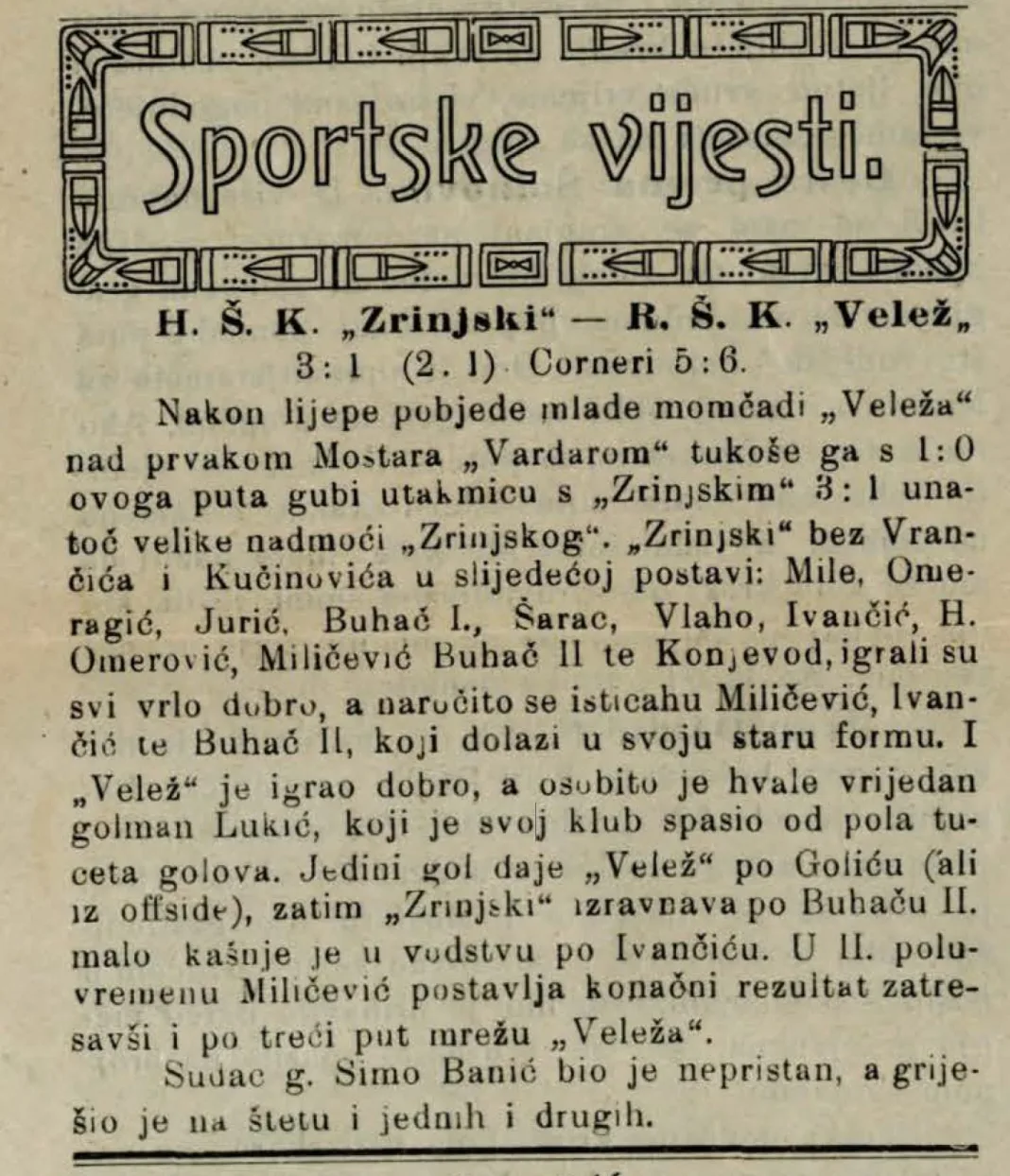 (FOTO) HŠK Zrinjski: Povjesni gradski derbi iz 1925. godine HŠK Zrinjski protiv RŠK Velež