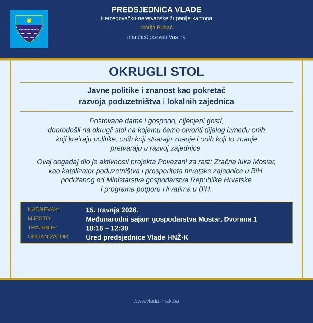 Ured predsjednice Vlade HNŽ-a: Javne politike i znanost kao pokretač razvitka poduzetništva i lokalnih zajednica