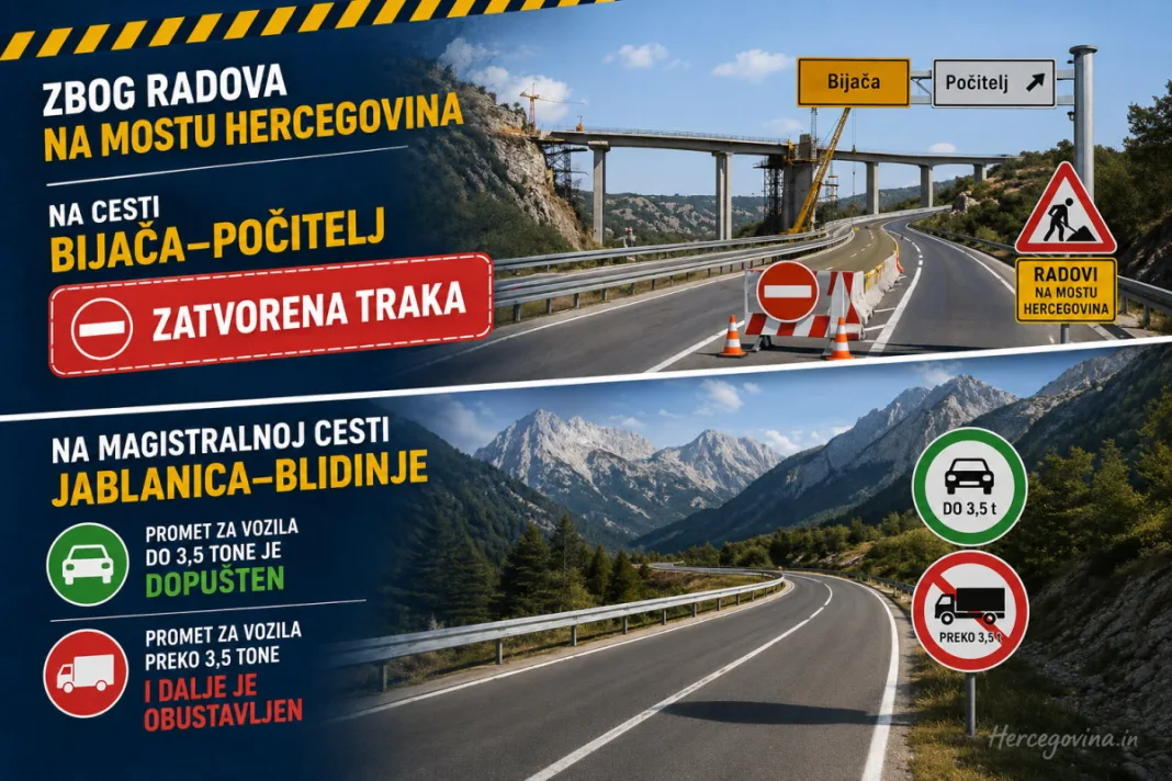 Zbog radova na mostu Hercegovina na cesti Bijača-Počitelj zatvorena traka