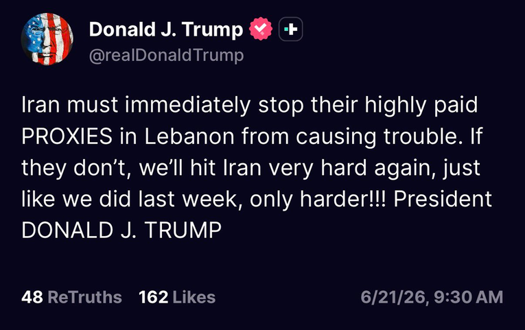 Trump: Ako Iran odmah ne zaustavi svoje saveznike u Libanonu, udarit ćemo ga vrlo jako